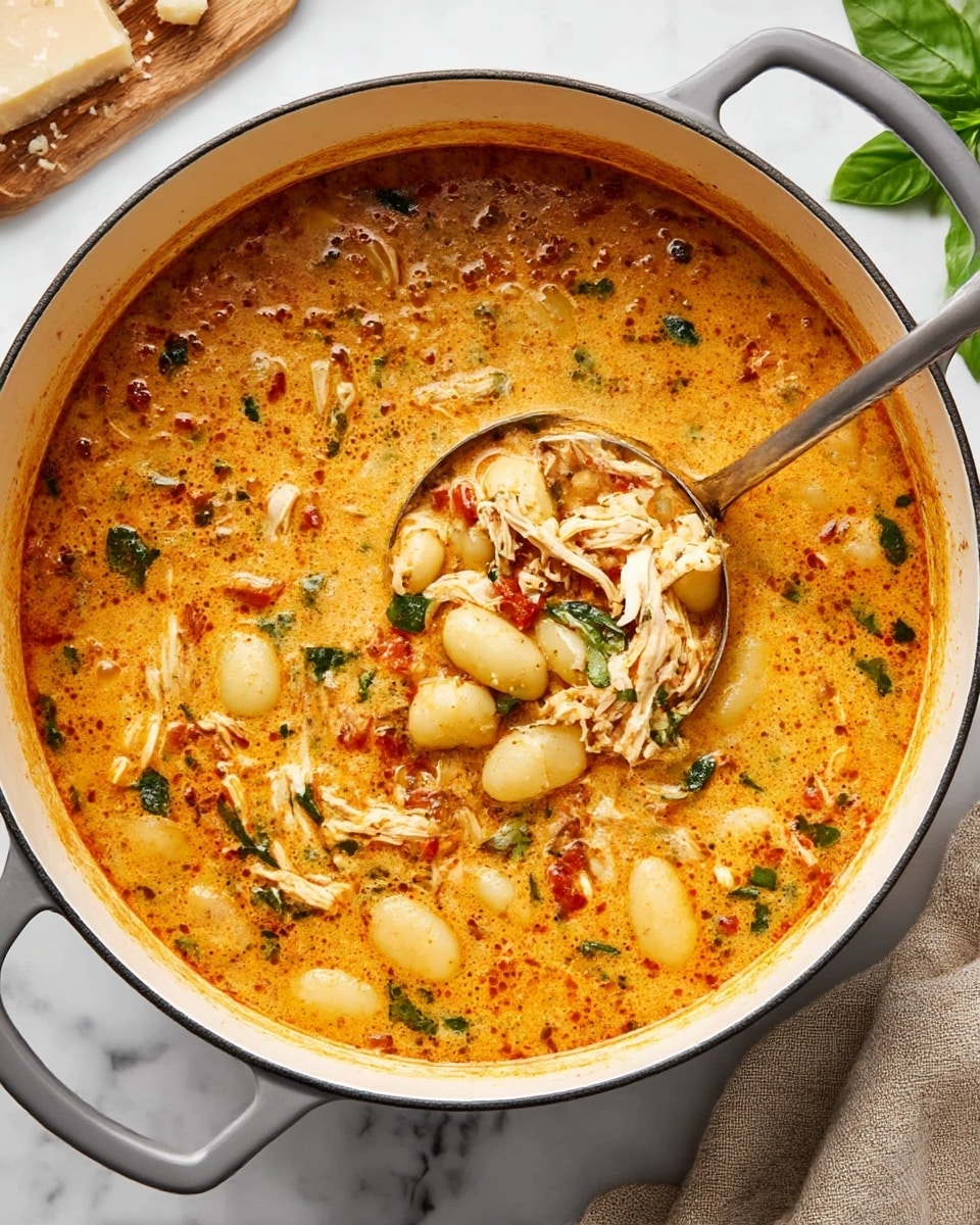 A large white pot with gray handles is filled with a creamy orange soup that has visible chunks of shredded chicken, small white gnocchi, and chopped green and red herbs and vegetables evenly spread throughout. The soup has a rich texture with some oil spots and seasoning flakes on the surface. A large silver ladle rests in the pot with some gnocchi inside it. The pot is placed on a white marbled surface with a beige cloth napkin partially visible at bottom right, and some basil leaves along with a small piece of cheese on a wooden board can be seen faintly in the top left corner. photo taken with an iphone --ar 4:5 --v 7