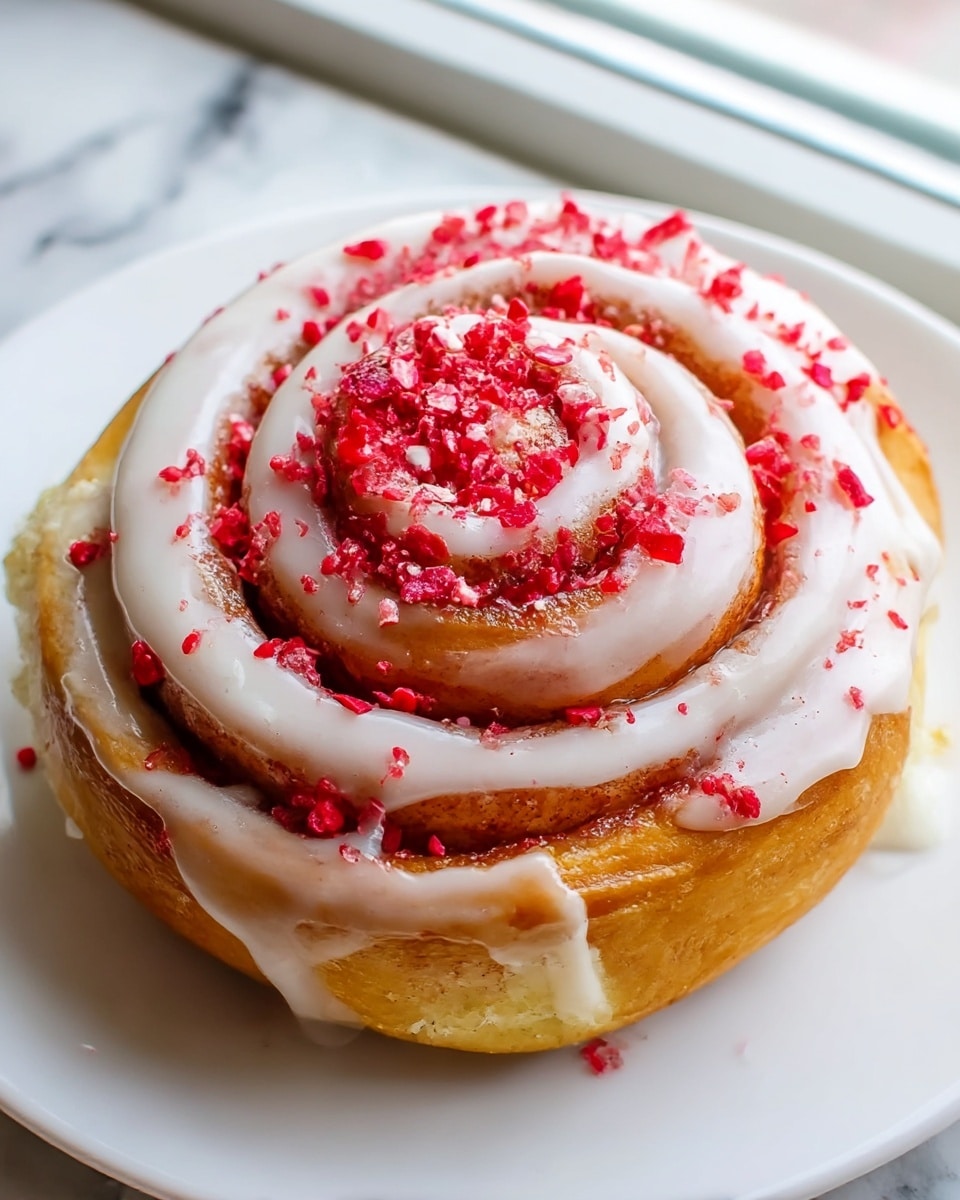 A close-up of a golden brown cinnamon roll with a swirl shape showing two main layers of soft dough spiraled tightly. The top is covered with small pieces of bright red strawberries scattered evenly, and thick white icing drizzled generously over the entire swirl, pooling slightly in the crevices. The cinnamon roll sits on a white plate that rests on a white marbled surface, creating a clean and fresh look. photo taken with an iphone --ar 4:5 --v 7