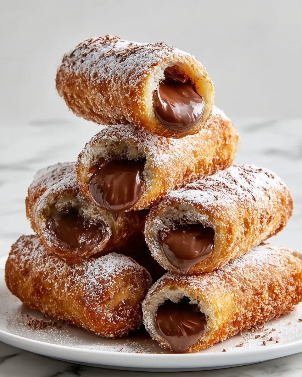 The image shows a stack of five golden, crispy rolls on a white plate, each filled with smooth, melted chocolate that oozes out from the ends. The rolls have a light brown, crunchy exterior with a dusting of white powdered sugar on top, adding a soft texture contrast. The rolls are arranged in a pyramid shape, with three on the bottom layer, one in the middle, and one resting on the very top. The background is a white marbled surface that highlights the warm tones of the rolls. photo taken with an iphone --ar 4:5 --v 7
