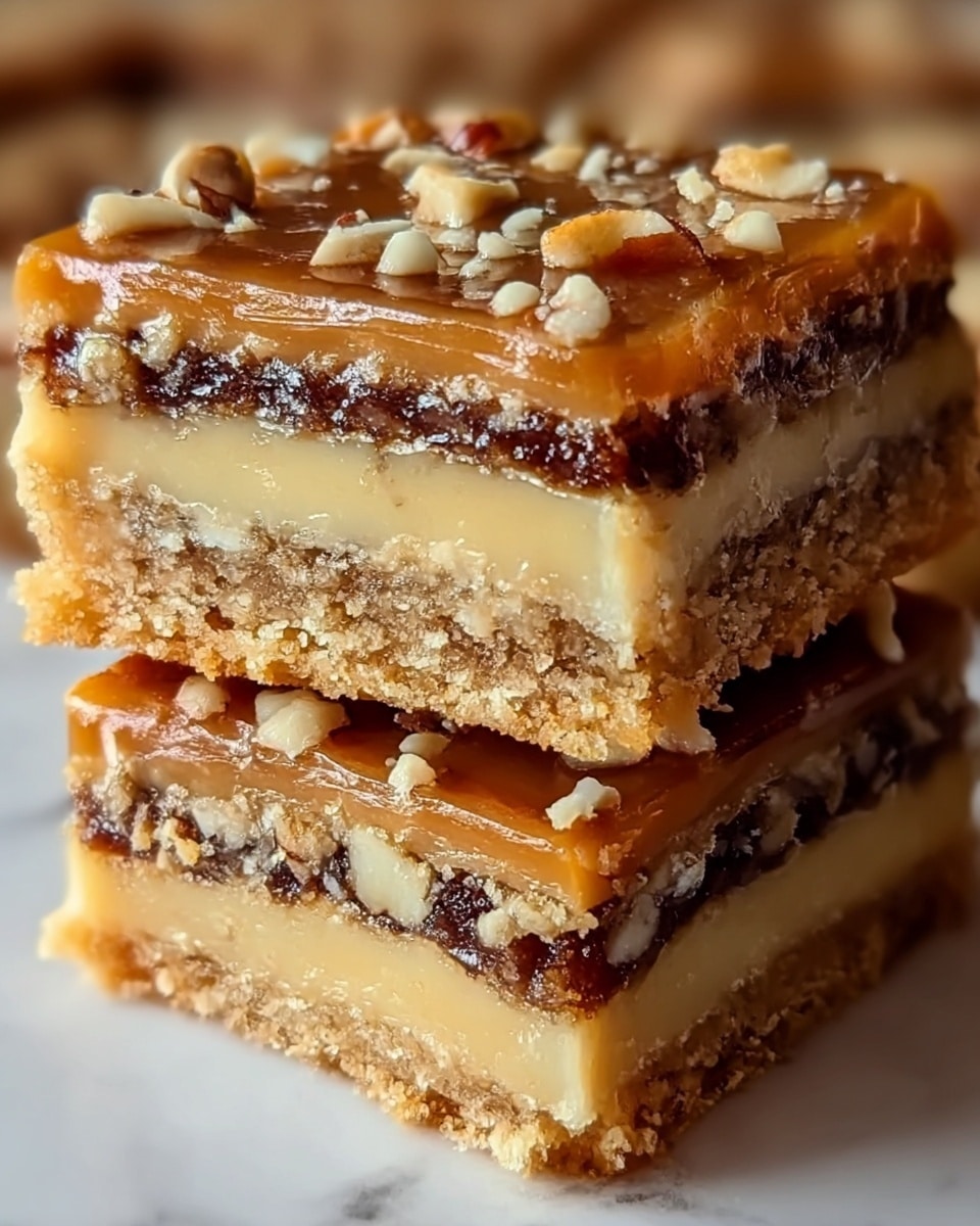 The image shows a close-up of two square dessert bars stacked on a white marbled surface. Each bar has four layers: a crumbly golden brown base layer, a dark brown thick middle layer with a chewy texture, a creamy light caramel-colored layer on top, and a shiny caramel glaze covering the top with small chopped nuts scattered evenly across it. The edges of the bars are slightly crumbly, and the lighting highlights the glossy caramel and nut pieces clearly. Photo taken with an iphone --ar 4:5 --v 7