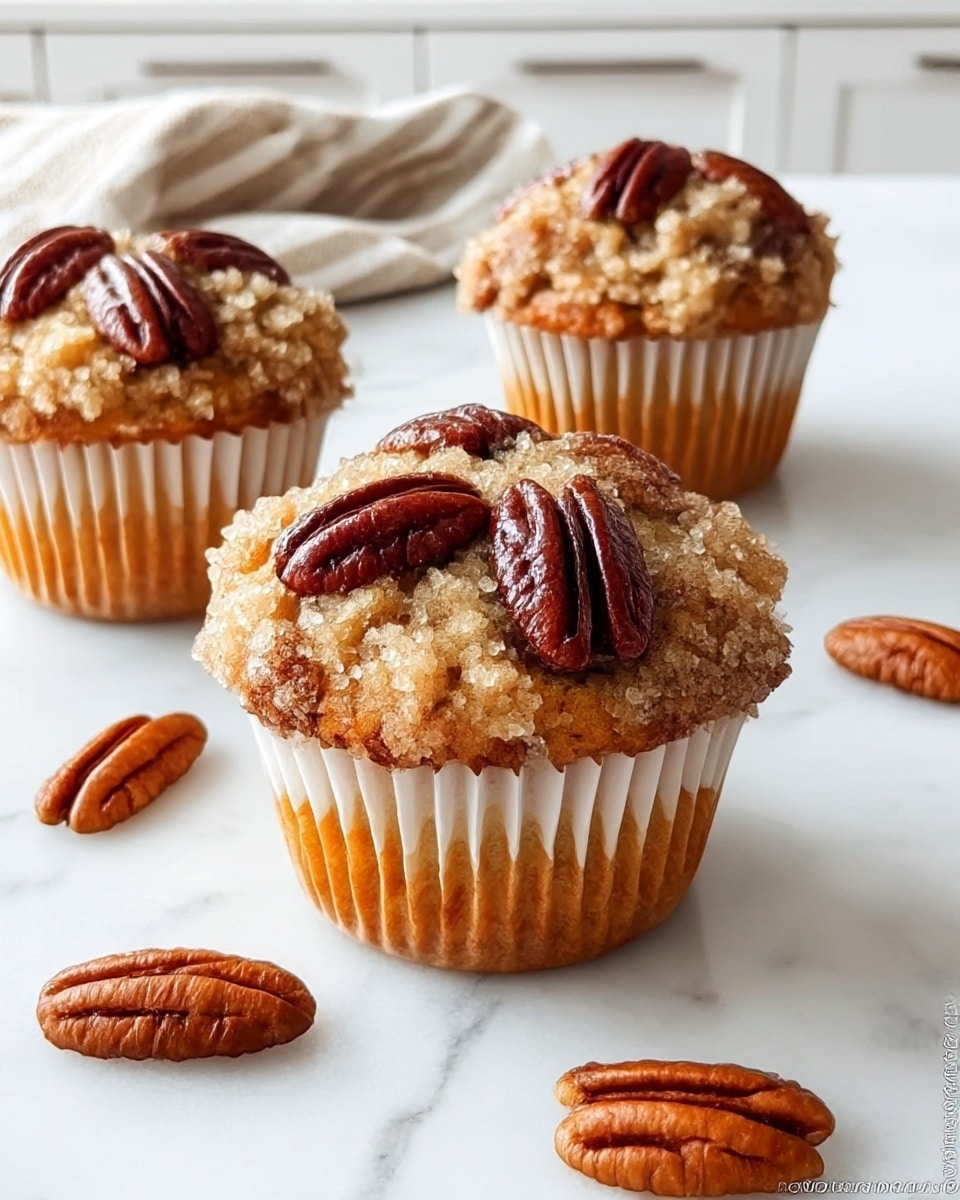 Three muffins sit on a white marbled surface, each wrapped in a white paper liner with a golden-brown base. The tops have a crumbly beige texture sprinkled with sugar crystals, and each muffin is decorated with several shiny, dark brown pecan halves pressed into the crumb topping. Around the muffins, a few loose pecan halves rest on the white surface. The background shows a white kitchen counter with a folded beige and white striped cloth nearby. Photo taken with an iphone --ar 4:5 --v 7