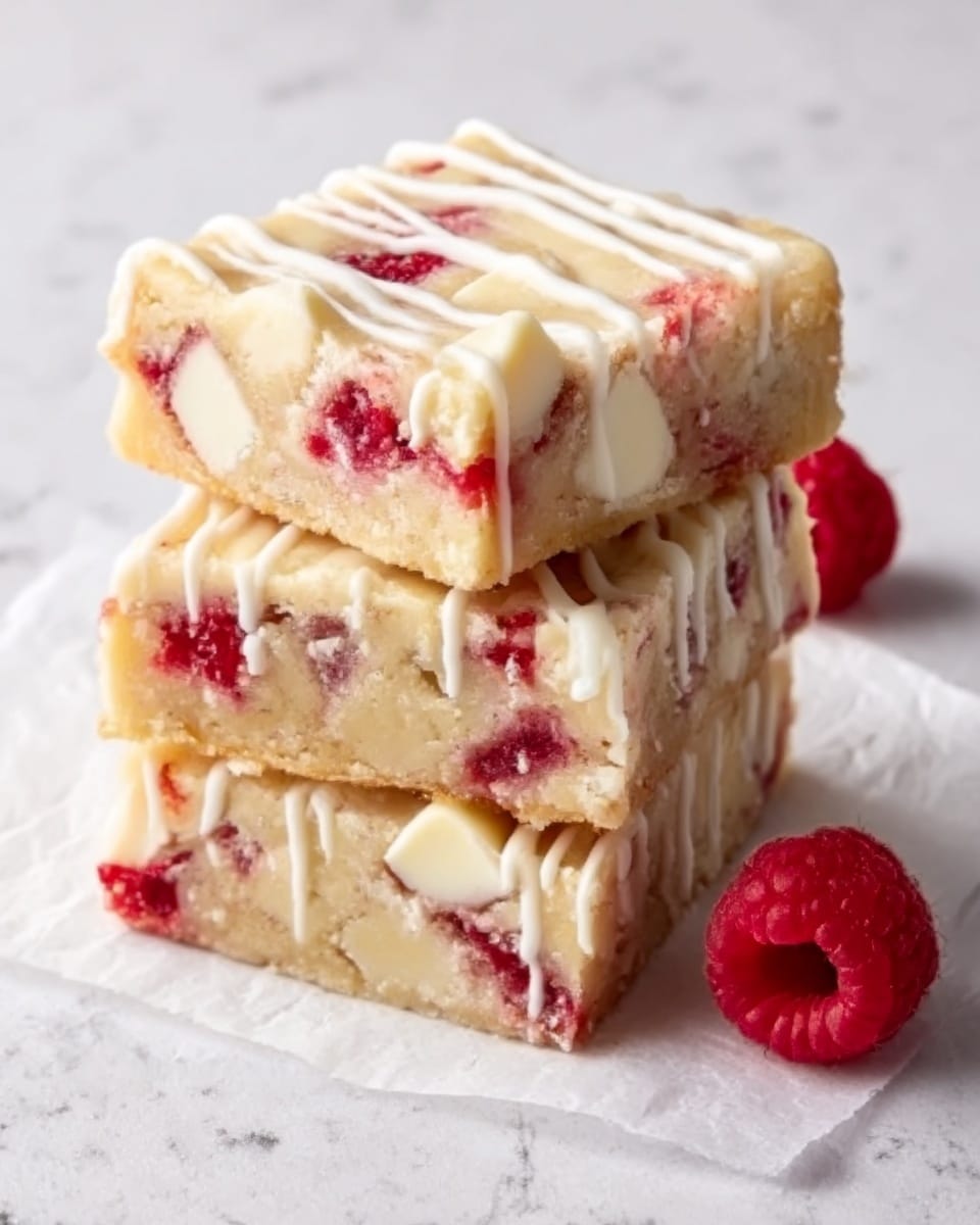 Three square-shaped dessert bars stacked on a white piece of parchment paper are shown. Each bar has two layers: the base is light golden and firm with visible small chunks of red raspberries and white chocolate chips scattered throughout, while the top is drizzled with a white icing in thin stripes. A fresh raspberry is placed on the white marbled surface next to the bars. The photo is taken with an iphone --ar 4:5 --v 7