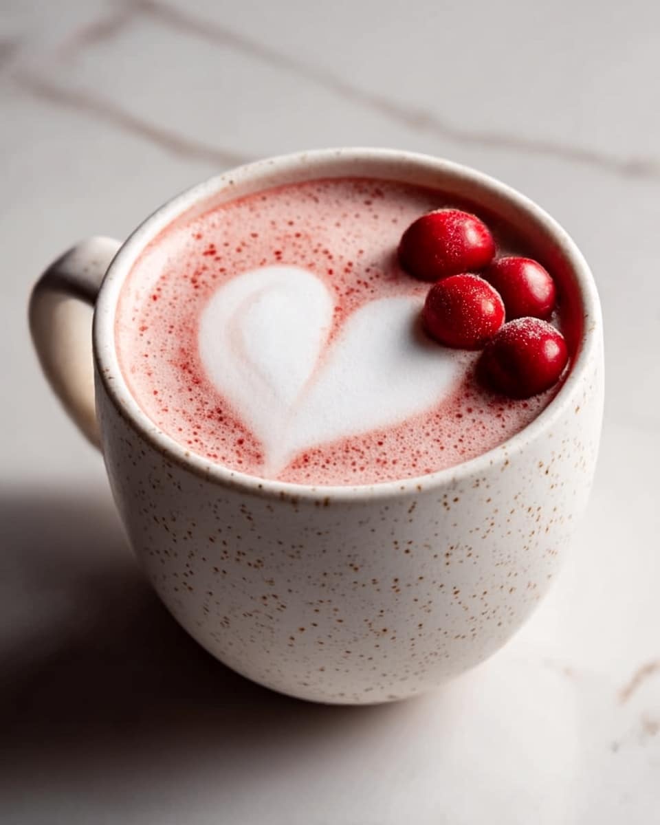 A white speckled cup filled with a creamy light pink drink topped with a white heart-shaped foam design in the center, three whole red berries placed on one side of the foam near the cup's edge; the cup sits on a white marbled surface photo taken with an iphone --ar 4:5 --v 7