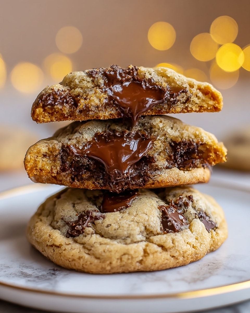 A stack of three chocolate chip cookies on a white plate with a thin gold rim is shown, with the top two cookies broken in half to reveal gooey, melted dark chocolate inside. The bottom cookie is whole with a light golden-brown baked texture and scattered darker chocolate chips. The middle cookie half has a soft, slightly crumbly dough with a mix of light brown and golden colors, and the rich, glossy melted chocolate oozes out thickly. The top cookie half shows a similar texture and chocolate flow, with bits of sugar sprinkled on top. The background is softly blurred with warm, glowing bokeh lights and the surface is a white marbled texture. Photo taken with an iphone --ar 4:5 --v 7