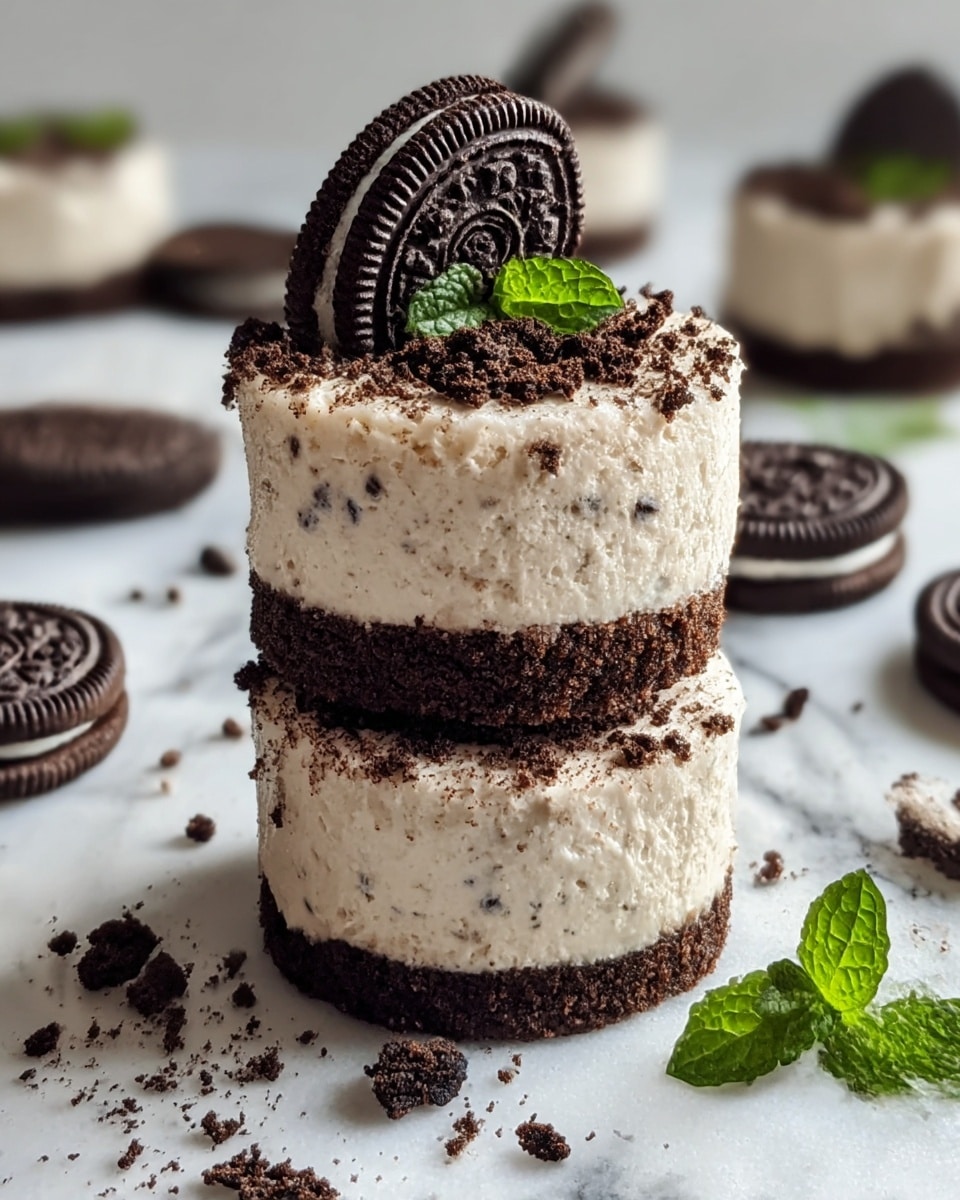 Two small round desserts stacked on top of each other, each with two layers: a dark, crumbly chocolate base at the bottom and a thick, creamy white layer on top speckled with fine chocolate crumbs. The top dessert is garnished with a halved chocolate sandwich cookie, and there are crushed cookie crumbs scattered around the desserts on a white marbled surface. Nearby, whole and broken chocolate sandwich cookies and a small green mint leaf add contrasting textures and colors. The background is dark, making the desserts stand out clearly. Photo taken with an iphone --ar 4:5 --v 7