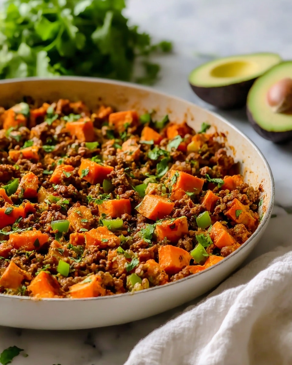 A close-up view of a shallow white pan filled with a cooked mixture of small brown ground meat chunks and bright orange sweet potato cubes, mixed with small pieces of green bell pepper scattered evenly throughout. Fresh green herbs are sprinkled over the top, adding a touch of color and texture contrast. In the blurred background on a white marbled surface, there is a bunch of leafy green cilantro and a halved avocado showing its light green flesh and brown pit. A white cloth napkin is placed near the front right of the pan. The lighting is natural and soft, highlighting the warm colors of the dish. photo taken with an iphone --ar 4:5 --v 7