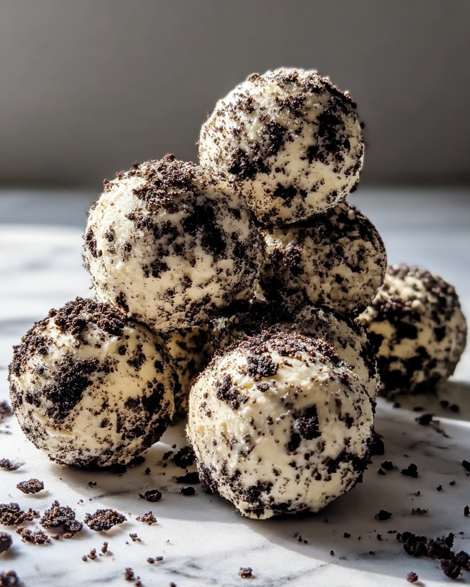 A close-up view of seven round dessert balls, each covered in a textured layer of white cream mixed unevenly with crushed dark cookie crumbs, giving a speckled black and white appearance. The balls are stacked neatly on a white marbled surface, with some crumbs scattered around them, adding a rough contrast to their smooth round shapes. The lighting highlights the creamy texture and the crumbly bits, making the dessert look rich and tasty. Photo taken with an iphone --ar 4:5 --v 7