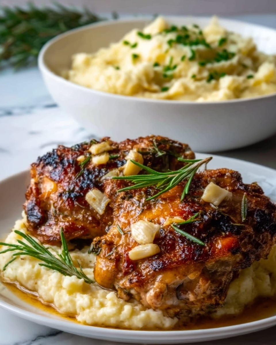 The image shows a white plate with two pieces of roasted chicken that have a crispy, golden-brown skin and some darker charred spots. The chicken is topped with small pieces of garlic and fresh green rosemary sprigs. Underneath the chicken, there is a layer of creamy mashed potatoes with a smooth texture. In the background, there is a white bowl filled with more mashed potatoes, garnished with chopped green herbs. The scene is set on a white marbled surface. photo taken with an iphone --ar 4:5 --v 7