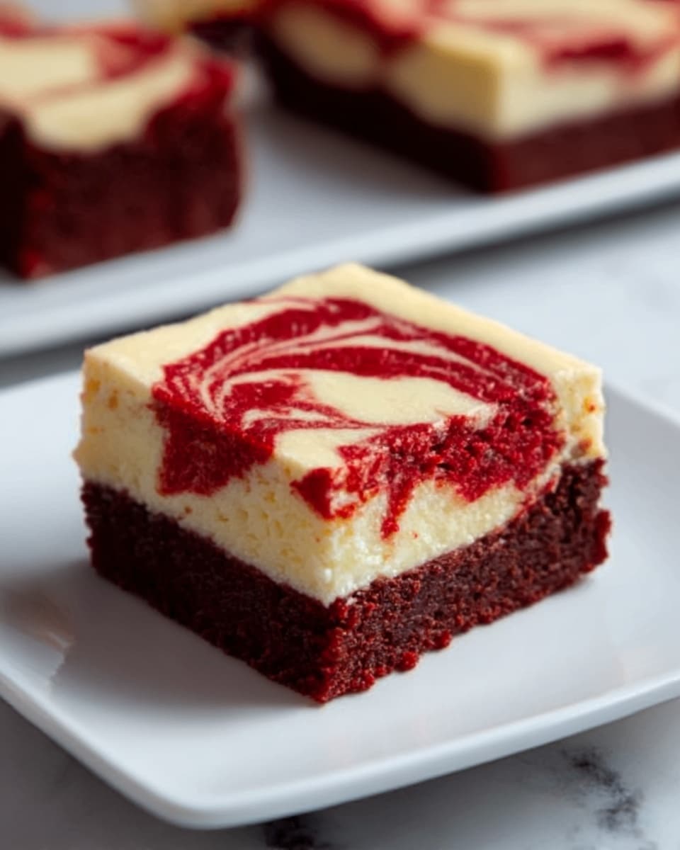 A square piece of red velvet cheesecake brownie sits on a white rectangular plate, showing two clear layers: the bottom layer is dense, dark red velvet cake with a smooth texture, while the top layer is creamy white cheesecake with red swirled patterns on the surface. The edges are sharp and clean, highlighting the contrast between the red and white colors. The background features a white marbled texture with blurred pieces of the same dessert. Photo taken with an iphone --ar 4:5 --v 7