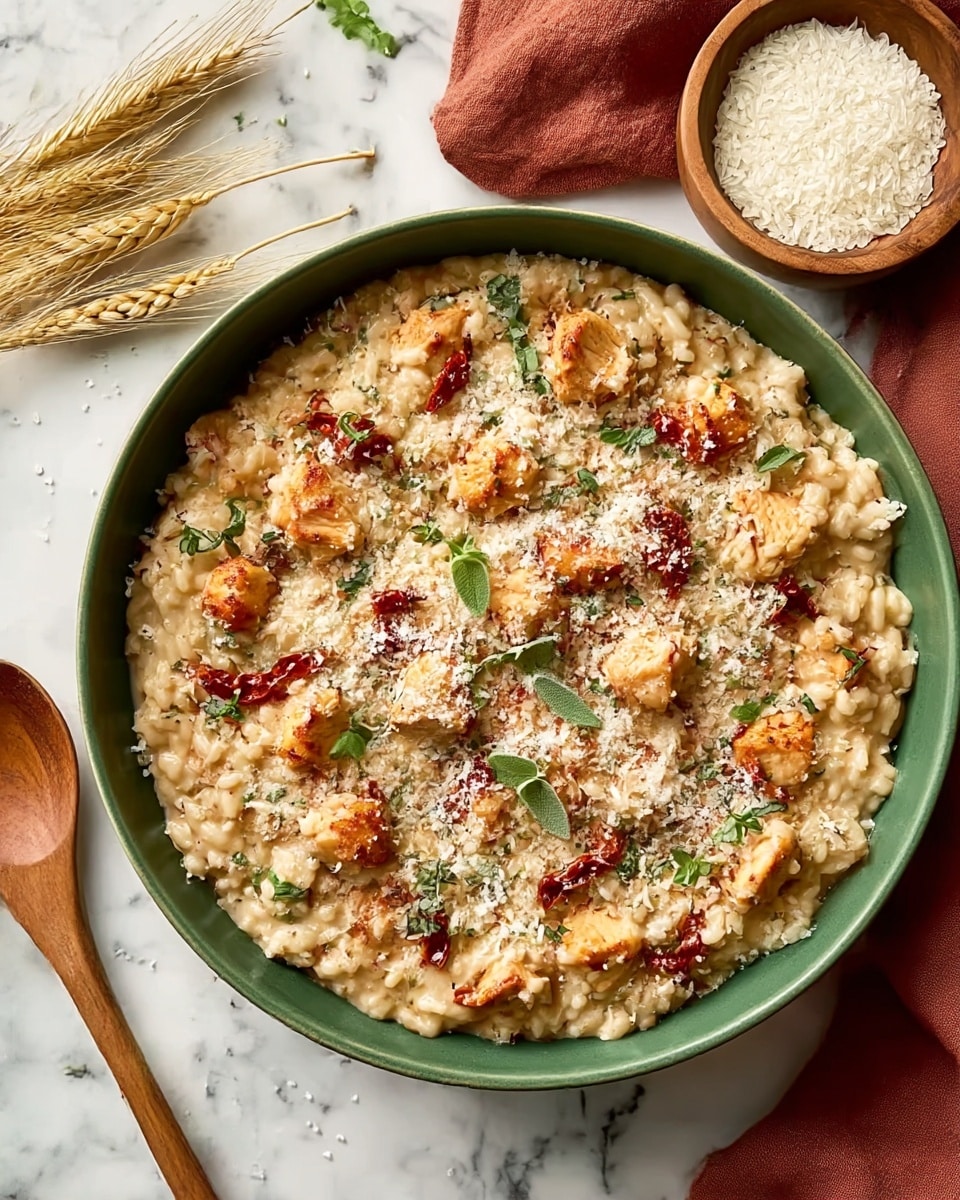 A round green bowl filled with creamy risotto that has a light beige color as the base layer, dotted with medium-sized chunks of golden-brown chicken scattered unevenly on top. The dish is sprinkled with white grated cheese and small green herb leaves, along with tiny pieces of dark red sun-dried tomatoes spread evenly across the surface. The bowl sits on a white marbled surface with a wooden spoon and a brown cloth nearby, and some wheat stalks are placed to the side with a small wooden bowl filled with uncooked white rice beside the bowl of risotto. Photo taken with an iphone --ar 4:5 --v 7