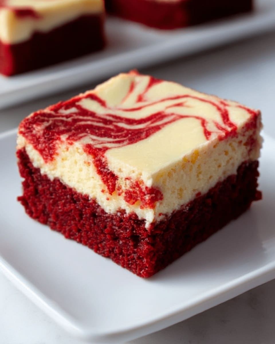 A single square piece of red velvet cheesecake brownie sits on a simple white plate, showing two distinct layers: a dense, rich red-brown bottom layer with a soft, crumbly texture, and a smooth, creamy off-white cheesecake layer on top. The cheesecake layer features swirled patterns of deep red that create a marbled effect on the surface. The plate is placed on a white marbled texture, and the background shows blurred pieces of the same dessert. Photo taken with an iphone --ar 4:5 --v 7