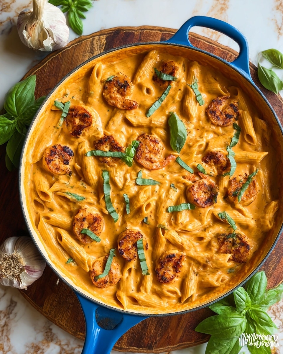 A blue pan filled with creamy orange pasta sauce holds one layer of penne pasta, each piece coated evenly in the thick sauce with a smooth texture. On top, a second layer of browned shrimp, each seared with a crisp, golden-brown surface, is scattered across the pasta. Thin strips of fresh green basil leaves are sprinkled over both pasta and shrimp, adding a touch of bright green color and a fresh, leafy texture. The pan sits on a white marbled texture with some fresh basil leaves around it, enhancing the dish’s vibrant look. photo taken with an iphone --ar 4:5 --v 7