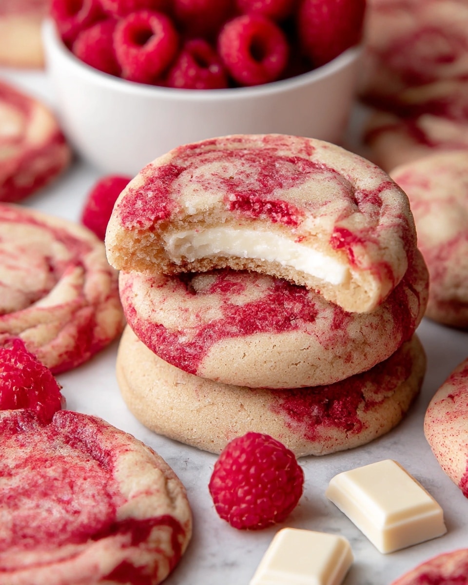 The image shows several round cookies with a light beige base and bright red swirls on top, giving a marbled look. One cookie is stacked on another and has a bite taken out, revealing three layers inside: a thin bottom cookie layer, a middle white creamy layer, and a top cookie layer with red swirls. Around the cookies, there are fresh red raspberries and two small white chocolate squares. In the background, a white bowl filled with more raspberries sits partially visible. All items are placed on a white marbled surface. photo taken with an iphone --ar 4:5 --v 7
