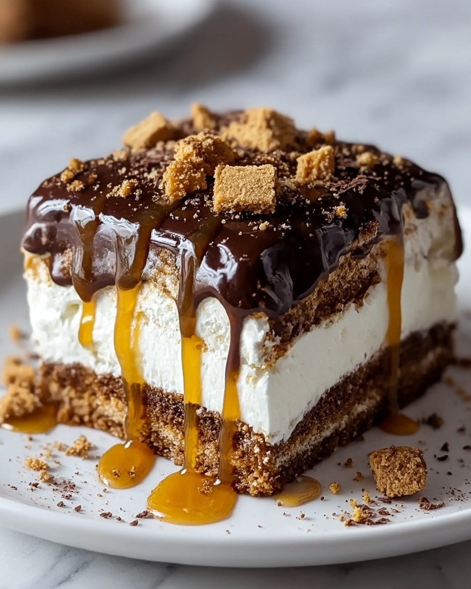 A piece of layered dessert sits on a white plate with a white marbled surface beneath. The dessert has four visible layers: at the bottom is a crunchy brown cookie crust, followed by a thick layer of smooth white cream, then a thin layer of crumbly brown cookie, and another thick layer of white cream. The top is covered in glossy dark chocolate sauce that drips down the sides, mixed with golden caramel sauce running over and pooling slightly on the plate. Small chunks of light brown cookie crumbs and fine dark brown cookie powder are scattered over the top and around the dessert edges. Photo taken with an iphone --ar 4:5 --v 7