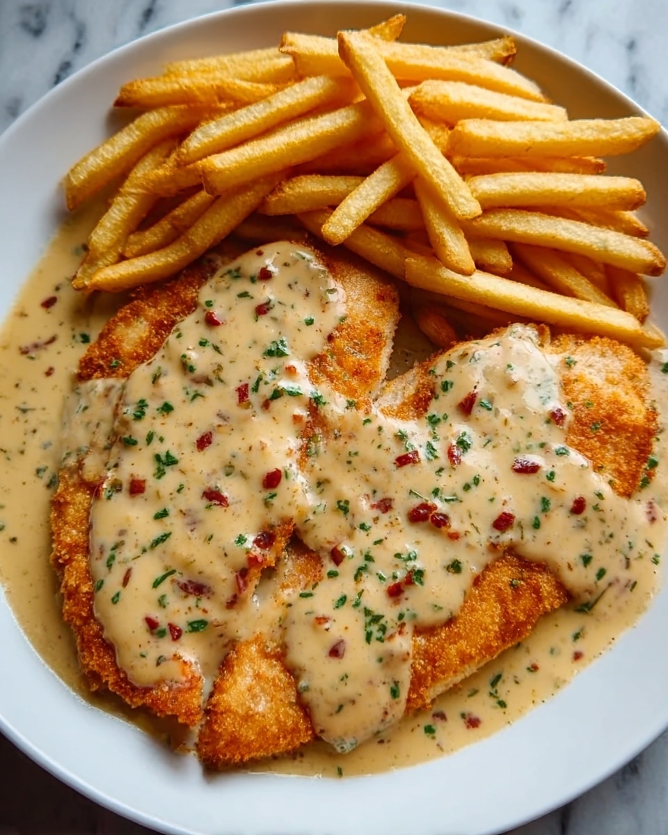 The image shows two pieces of golden brown fried chicken placed side by side on a white plate, covered with creamy, light beige gravy sprinkled with small green and red herbs. To the upper side, there is a generous serving of golden French fries, slightly crispy with a light dusting of salt visible. The white plate rests on a white marbled surface, giving a clean and simple look. Photo taken with an iphone --ar 4:5 --v 7