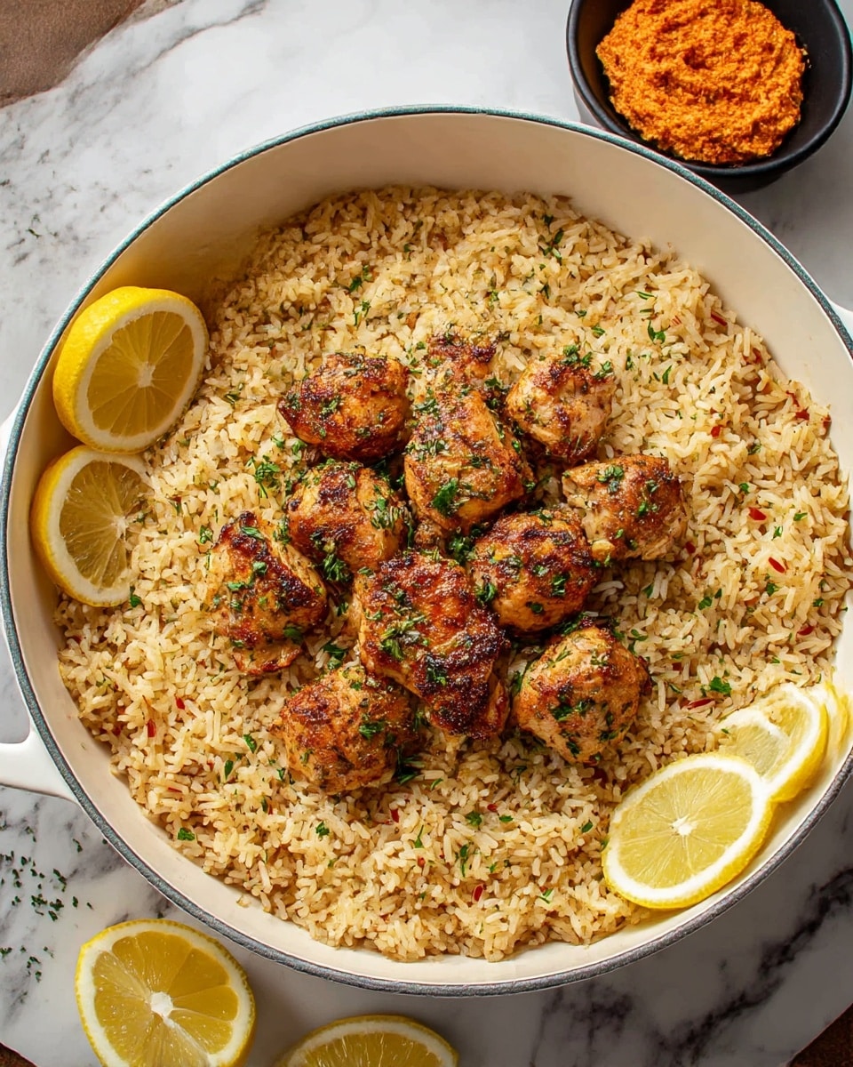 A large white pot filled mostly with light brown seasoned rice that has a slightly soft texture and some small bits of red seasoning mixed in. On top in the center, a pile of browned, cooked chicken pieces with a light dusting of green herbs. Around the chicken, three wedges of bright yellow lemon are placed on the rice at different spots. In the background, there is a small black bowl with orange sauce and some green herbs scattered near the pot, all set on a white marbled surface. photo taken with an iphone --ar 4:5 --v 7