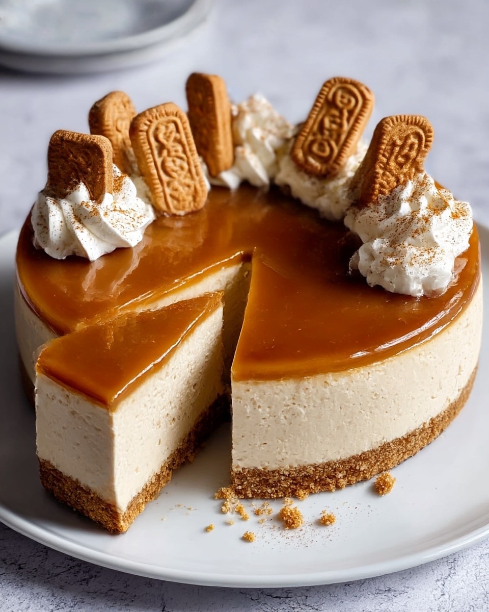 A round cheesecake with three visible layers sits on a white plate on a white marbled surface. The bottom layer is a crumbly light brown crust. The middle layer is a thick, smooth, creamy beige cheesecake. The top layer is a shiny, caramel-colored glaze. On top, there are five dollops of white whipped cream, each sprinkled with a light brown powder, placed evenly around the edge. On each dollop, there is a rectangular caramel cookie with an embossed design. One slice of the cake is cut and slightly pulled out, showing the clean edges of each layer. photo taken with an iphone --ar 4:5 --v 7
