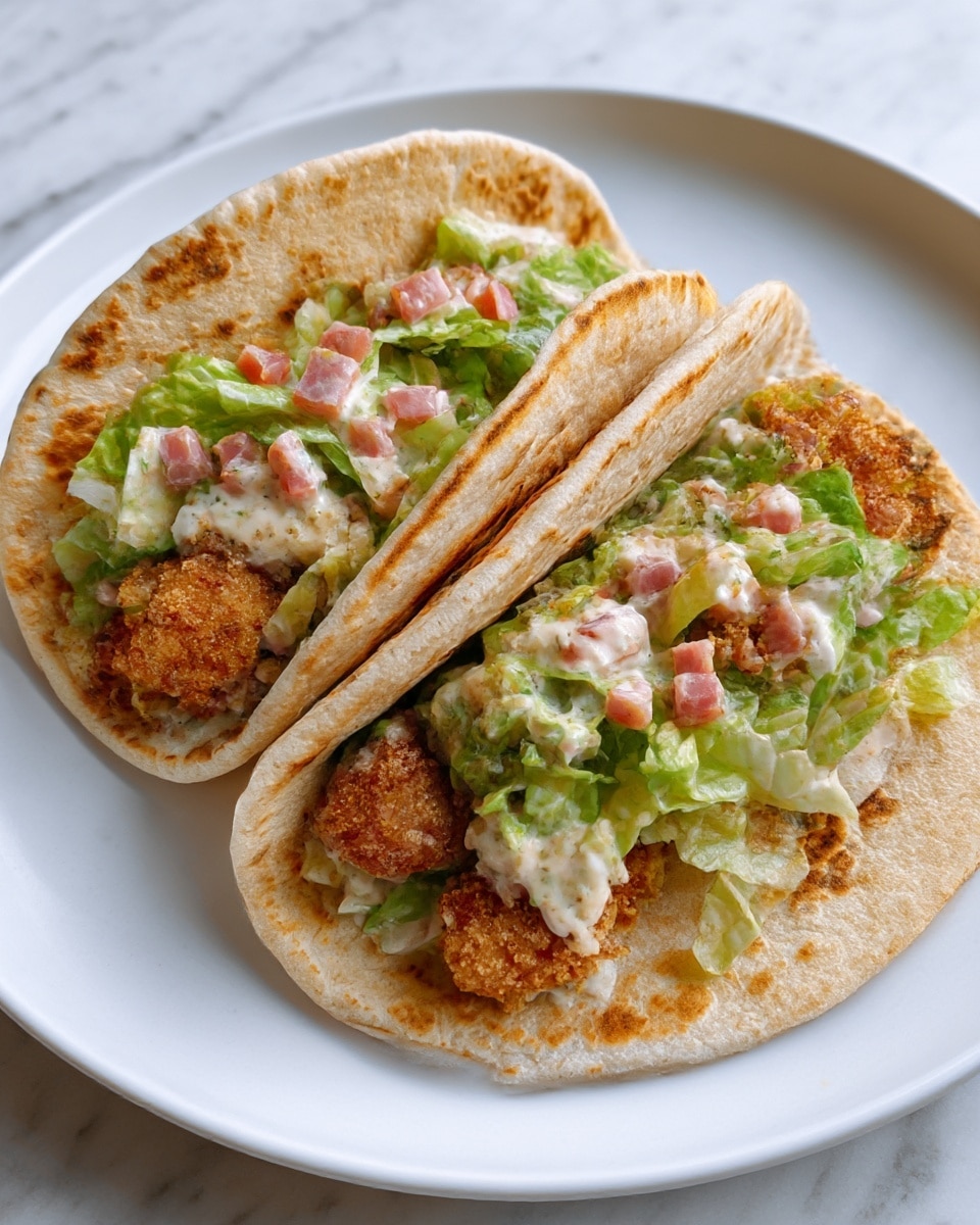 Two grilled tacos sit side by side on a white plate over a white marbled surface, each folded soft corn tortilla showing a slightly browned, textured top. Inside the tacos, there are two layers: the bottom layer consists of crispy, golden-brown breaded meat patties with a crunchy texture, and the top layer is a fresh mix of green lettuce with leafy texture, pink diced pieces, and creamy white sauce coating the vegetables. The tacos look full and neatly arranged, with visible crisp edges on the lettuce and toasted spots on the tortillas. photo taken with an iphone --ar 4:5 --v 7