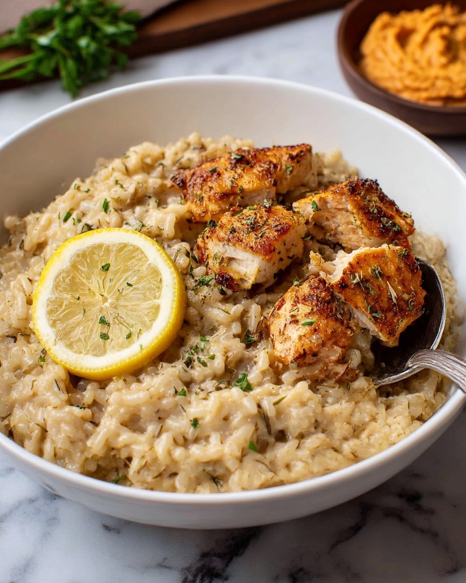 A white bowl filled with creamy, light brown risotto that has pieces of finely chopped herbs throughout, topped with several chunks of golden-brown cooked chicken seasoned with herbs. A thin, fresh yellow lemon slice rests on the side of the bowl, partially on top of the risotto. A vintage silver fork is placed inside the bowl on the left side, with the prongs touching the rice. The bowl sits on a dark brown cloth, and there is a blurred background of a white marbled texture with some green herbs and an out-of-focus dish behind the bowl. photo taken with an iphone --ar 4:5 --v 7