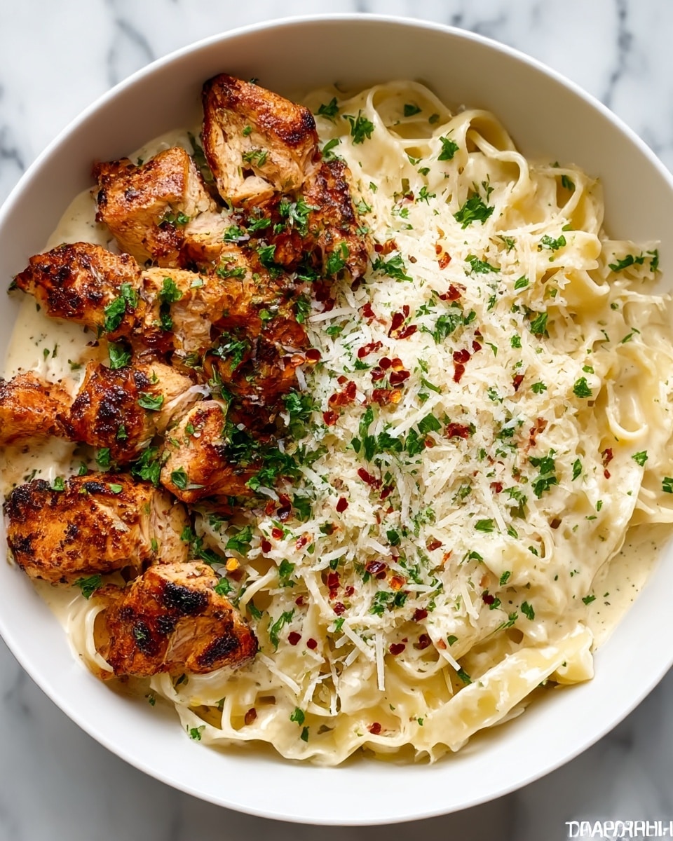 A white bowl filled with creamy fettuccine pasta as the base layer, coated in a smooth off-white sauce with a slightly glossy texture. On top, scattered golden-brown grilled chicken pieces with a crispy, charred outside and juicy inside. The dish is sprinkled with finely chopped green parsley and small bits of red chili flakes, adding contrast and color. Shredded white cheese is lightly dusted over the chicken and pasta, blending into the creamy sauce. The bowl sits on a white marbled surface. Photo taken with an iphone --ar 4:5 --v 7
