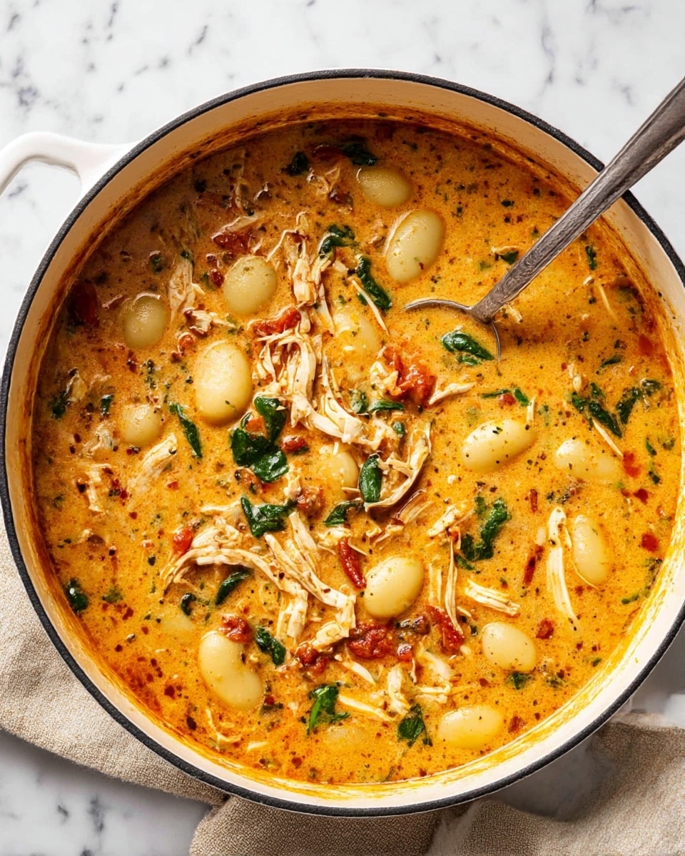 A large white pot filled with a creamy orange soup that has visible pieces of shredded chicken and round gnocchi floating on top. The soup has small dark green spinach leaves and bits of red tomato scattered throughout, giving it a colorful, textured look. A spoon rests inside the pot, partly submerged in the soup. The pot is placed on a white marbled surface, with a corner of a beige cloth visible on one side. Photo taken with an iphone --ar 4:5 --v 7