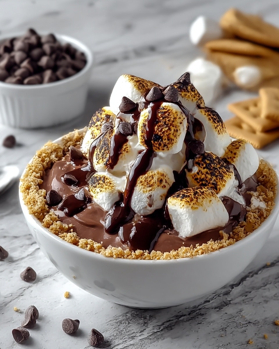 A white bowl filled with smooth, light brown hot chocolate as the first layer, topped with crushed golden brown graham crackers scattered around the edges. On top of the graham crackers lies a thick layer of fluffy white marshmallows, some toasted to a golden brown with dark char marks. Drizzled over the marshmallows is a glossy dark chocolate sauce, flowing unevenly and dripping slightly down the sides. Small dark chocolate chunks are sprinkled across the marshmallows and around the edges, adding texture and contrast. In the background, a blurred white bowl filled with small chocolate pieces and some stacked golden brown crackers sit on a white marbled surface. photo taken with an iphone --ar 4:5 --v 7