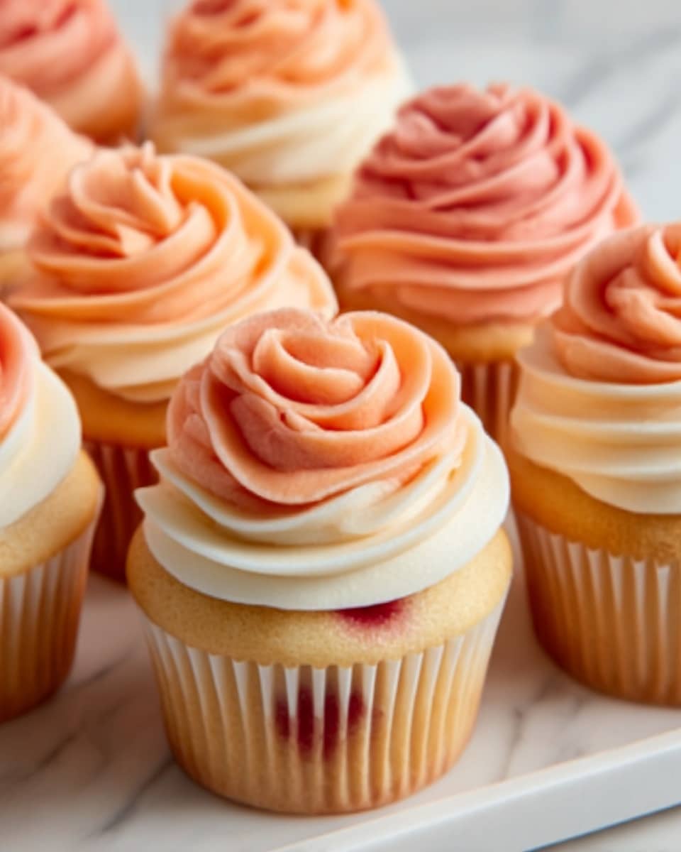 A group of six cupcakes is arranged closely together on a white marbled surface. Each cupcake has three visible layers: the base is a light golden brown cake, the middle layer is visible through the liner showing a reddish filling, and the top has two swirled layers of frosting in soft shades of white, peach, and pink. The frosting is whipped in a smooth, tall spiral with a creamy texture. The cupcakes are evenly spaced, creating a neat and colorful visual. photo taken with an iphone --ar 4:5 --v 7