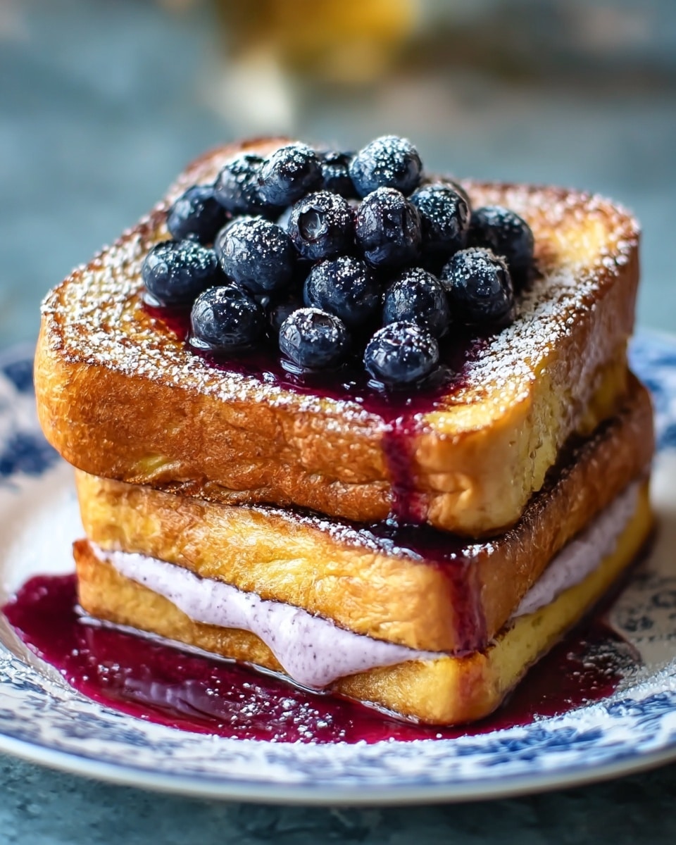 Two thick slices of golden brown French toast are stacked on a white plate with blue patterns, sitting on a white marbled surface. Between the slices, there is a layer of creamy, light purple blueberry-flavored spread that slightly oozes out. On top of the stack, there is a pile of glossy, fresh blueberries with a light dusting of powdered sugar, which also covers parts of the toast. Dark purple syrup has dripped onto the plate and around the blueberries. A small yellow lemon wedge is placed on the edge of the plate. Photo taken with an iphone --ar 4:5 --v 7