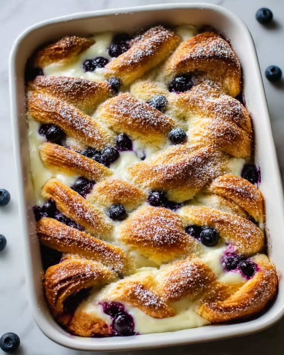 A white rectangular baking dish filled with a golden brown baked pastry that appears soft and fluffy, arranged in large twisted strips forming a layered pattern. Between the layers, there is a creamy white filling that looks smooth and rich, and scattered throughout are small, round dark blueberries, some slightly baked and juicy. The pastry has a light dusting of powdered sugar on top, adding a soft white contrast against the shiny golden crust. The dish sits on a white marbled surface, and a few blueberries are scattered around the dish. Photo taken with an iphone --ar 4:5 --v 7