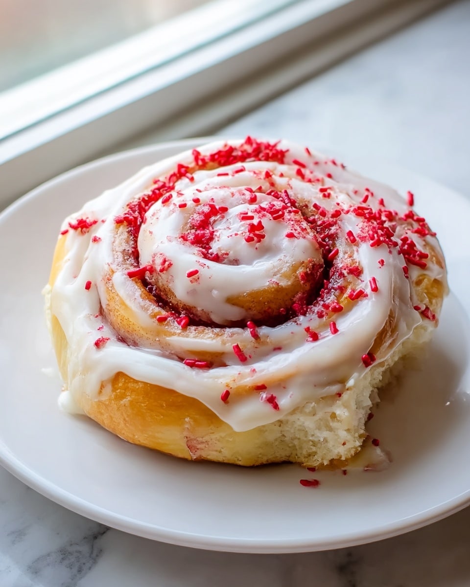 A single cinnamon roll sits on a white plate, layered with soft golden-brown dough that spirals inward revealing a thin swirl of red filling. The top and sides are covered with thick white icing that drips down alongside the rolls' curves, accented with small pieces of bright red sprinkles scattered evenly over the icing and dough. The texture shows a fluffy interior with a slightly crisp outer edge, and the whole setup rests on a white marbled surface. photo taken with an iphone --ar 4:5 --v 7