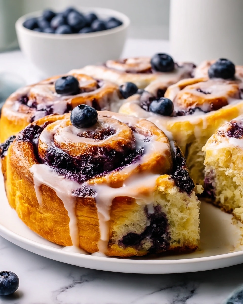 A close-up image of a round blueberry cinnamon roll cake on a white plate, placed on a white marbled surface. The cake is made of five large swirled rolls arranged side by side, each roll showing a golden-brown soft dough twisted with a purple-blueberry filling. The rolls have a thick white glaze dripping down the sides and a few whole blueberries sitting on top of the swirls. The cake has a fluffy texture visible where one roll is slightly pulled out, showing light yellow dough inside. In the background, there is a blurry bowl of fresh blueberries. photo taken with an iphone --ar 4:5 --v 7