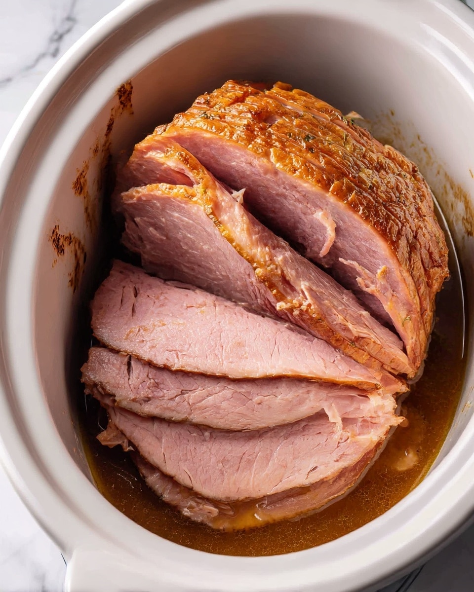 A close-up view of a sliced ham placed inside a white slow cooker. The ham is cut into multiple thin layers, showing a pinkish color with a glossy, moist texture. The top layer has a browned, slightly caramelized crust that contrasts with the tender inside. The ham sits in a shallow pool of light brown juices at the bottom of the slow cooker. The white marbled surface is partially visible around the cooker. photo taken with an iphone --ar 4:5 --v 7