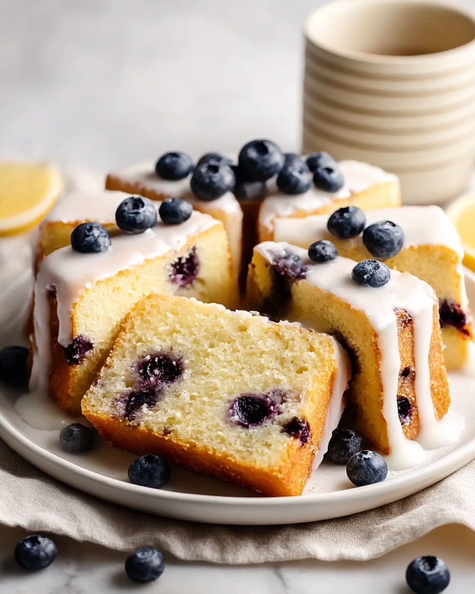 The image shows several slices of light yellow blueberry cake arranged in a round white plate. Each slice has visible blueberries inside, with a few whole blueberries placed on top and around the cake. There is a creamy white drizzle sauce on the top edges of the cake slices, adding a smooth texture. The plate is placed on a soft white fabric on a white marbled surface, with a slightly blurred white cup in the background. photo taken with an iphone --ar 4:5 --v 7