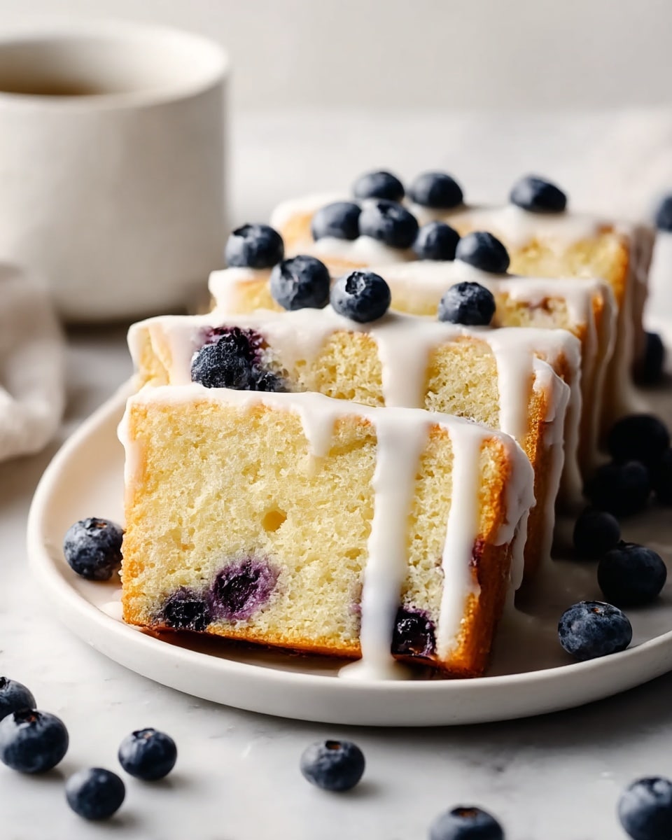 The image shows four pieces of blueberry cake arranged side by side on a round white plate. Each cake slice is light yellow with a soft and fluffy texture and has whole blueberries inside. On top of each slice, there is a drip of white icing that slowly falls down the sides. Fresh blueberries are scattered both on the plate and around the cake slices. The background has a soft, blurred look with a beige cloth and a white marbled surface visible. Photo taken with an iphone --ar 4:5 --v 7