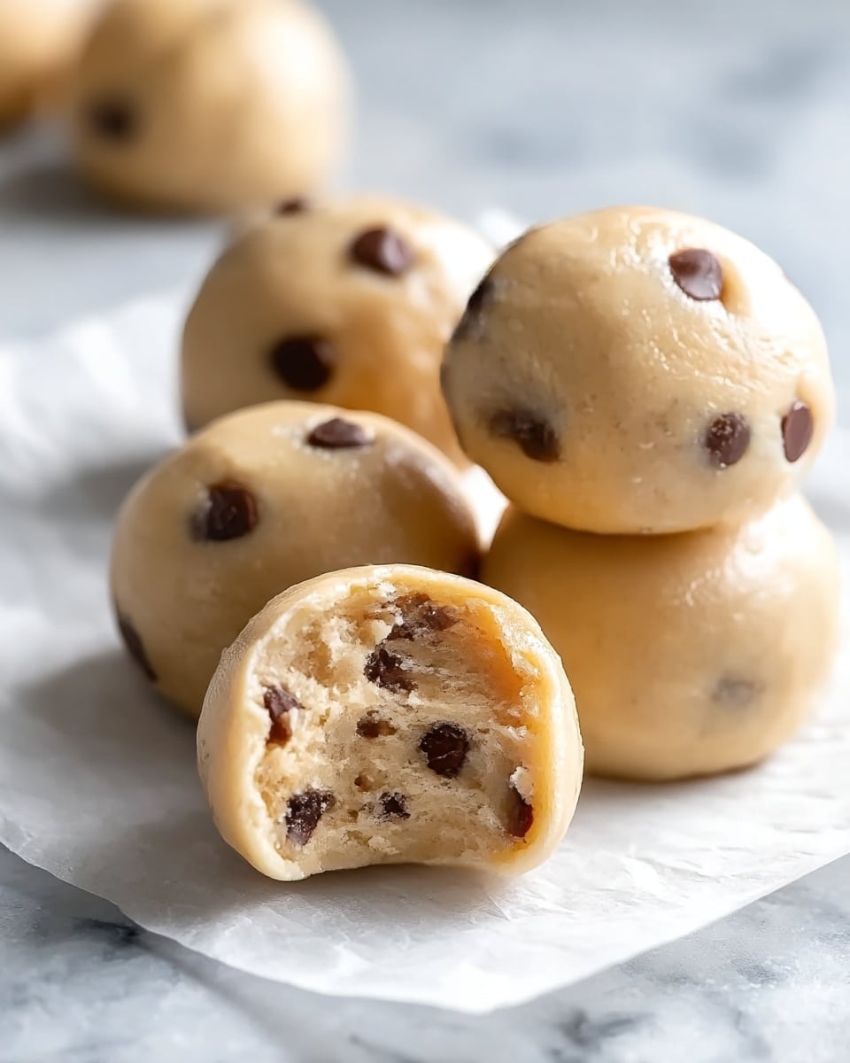 The image shows a close-up of three round dough balls with a smooth, light beige surface dotted with dark chocolate chips. One dough ball is positioned on top of the other two, with a bite taken out of it, revealing a moist, soft, and slightly crumbly interior that matches the outer color. The dough balls rest on white parchment paper, placed on a white marbled surface blurred in the background, with additional dough balls faintly visible beyond the focus point. The scene captures the texture and consistency of the dough and chocolate chips clearly. photo taken with an iphone --ar 4:5 --v 7