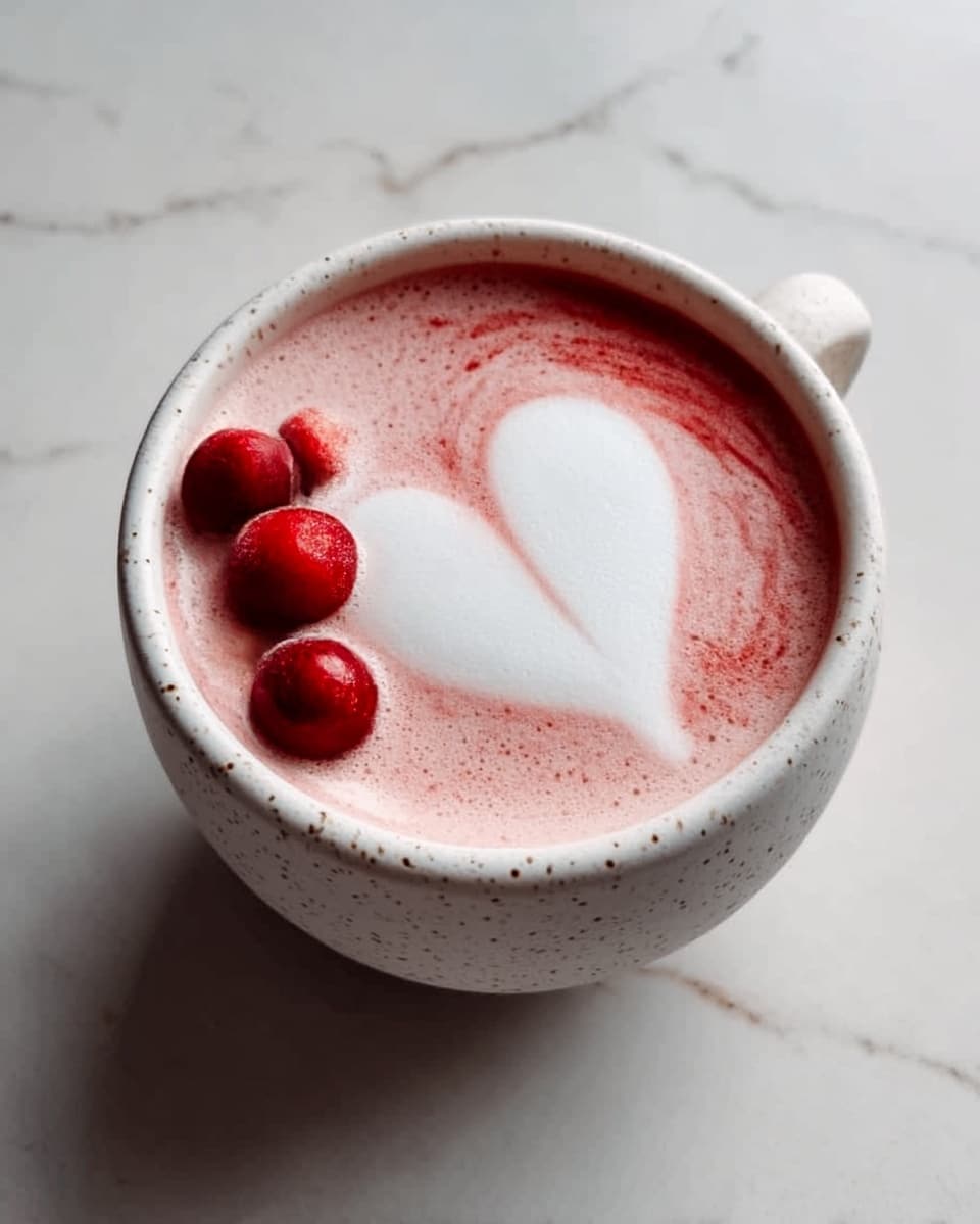 A white ceramic mug with a speckled pattern holds a deep red drink topped with a heart shape made of white foam. On the surface of the drink, three whole red berries float near the edge of the cup. The mug sits on a white marbled surface. photo taken with an iphone --ar 4:5 --v 7