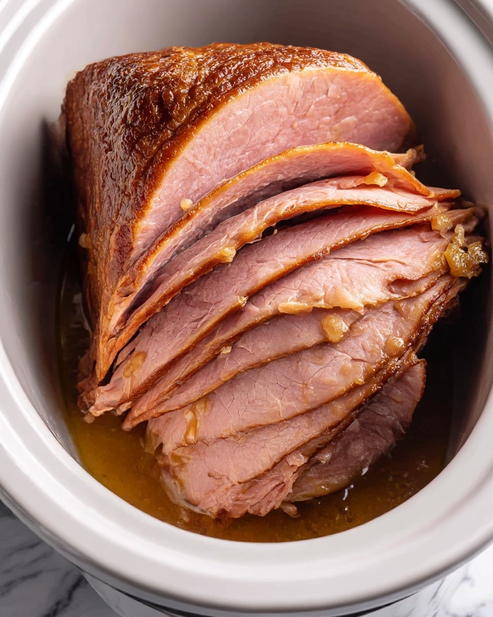 A close-up of a slow cooker filled with thick slices of cooked ham layered neatly inside. The ham has a light pink color with a shiny, moist texture, and the outer edges have a darker caramelized crust. The slices are stacked in a curved shape, showing the different layers from top to bottom. The inside of the slow cooker is white, and the background has a white marbled texture. photo taken with an iphone --ar 4:5 --v 7
