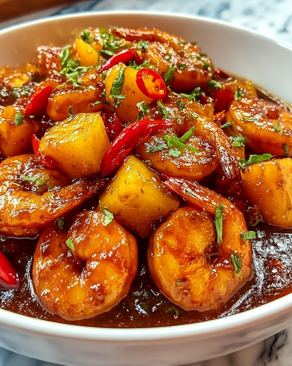 A white bowl filled with juicy shrimp and golden pineapple chunks, coated in a shiny, dark brown sauce, mixed with red chili slices and sprinkled with small green herb pieces, all sitting on a wooden table with a white marbled background. The shrimp have a slight curl and a bright orange color, while the pineapple pieces are large, cubed, and slightly charred, giving a fresh and vibrant look to the dish. photo taken with an iphone --ar 4:5 --v 7