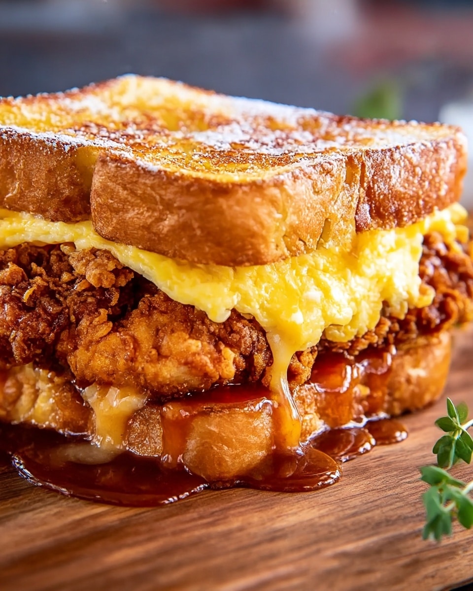 The image shows a close-up of a sandwich with three layers. The bottom layer is a thick, golden-brown fried chicken piece with a crispy texture, resting on a slice of toasted white bread that has a bright golden crust. Above the chicken is a layer of dark red sauce that is slightly dripping. On top of the sauce is a fluffy scrambled egg with a soft yellow shade mixed with white parts. The top layer is another slice of toasted white bread with a golden crust, sprinkled lightly with powdered sugar. The sandwich sits on a wooden surface with a hint of green garnish and a red cloth blurred in the background. photo taken with an iphone --ar 4:5 --v 7