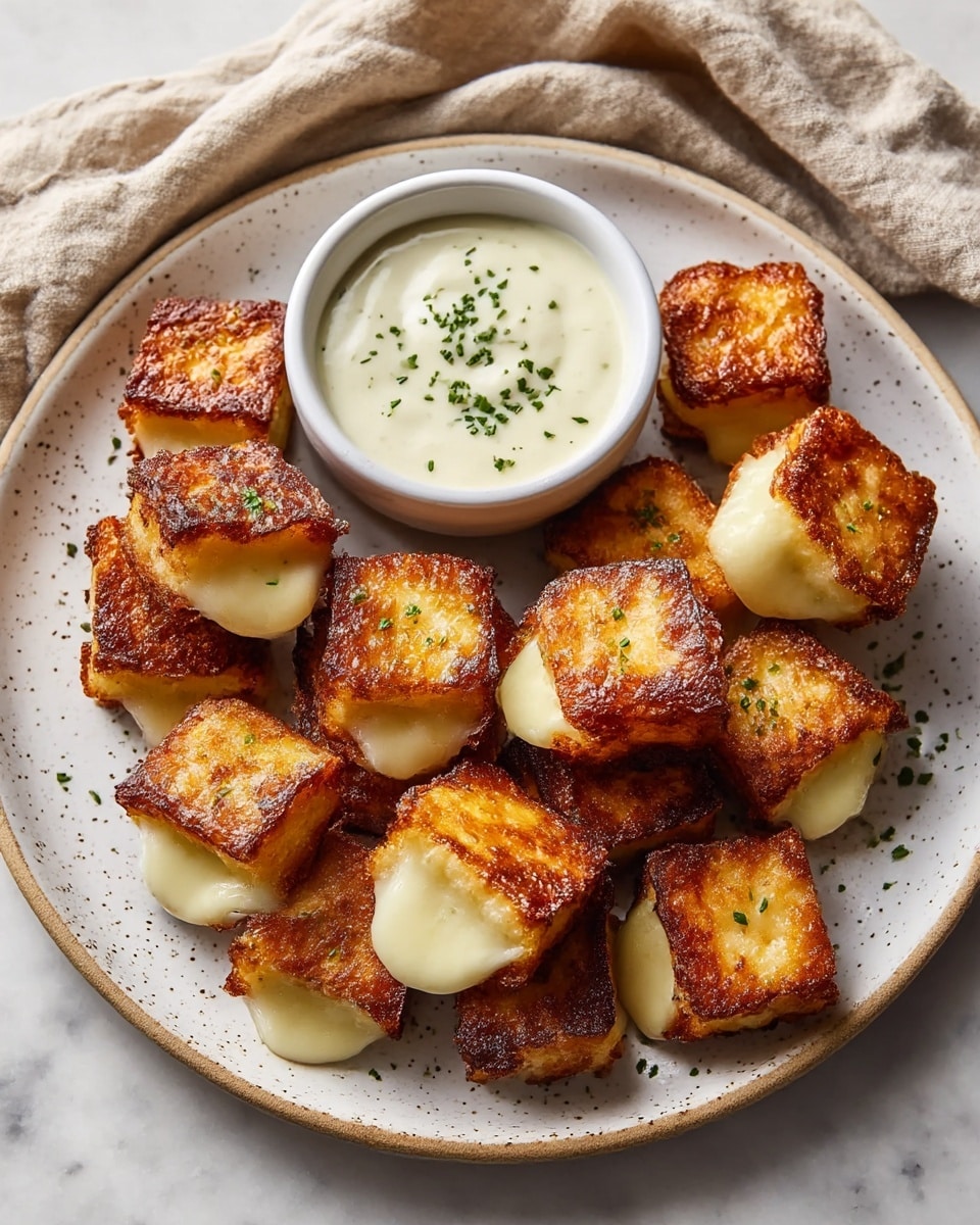 A white speckled plate holds about a dozen small square pieces of grilled cheese bites, each with a crispy, dark golden-brown outer layer that looks slightly crunchy and caramelized. Inside, melted creamy white cheese peeks out from some of the squares, showing a gooey texture. In the center of the plate, there is a small white bowl filled with a smooth, pale beige dipping sauce sprinkled lightly with green herbs. The plate sits on a surface with a white marbled texture, and a beige cloth napkin is casually placed nearby. The cheese bites are also lightly sprinkled with small green herbs for garnish. Photo taken with an iphone --ar 4:5 --v 7