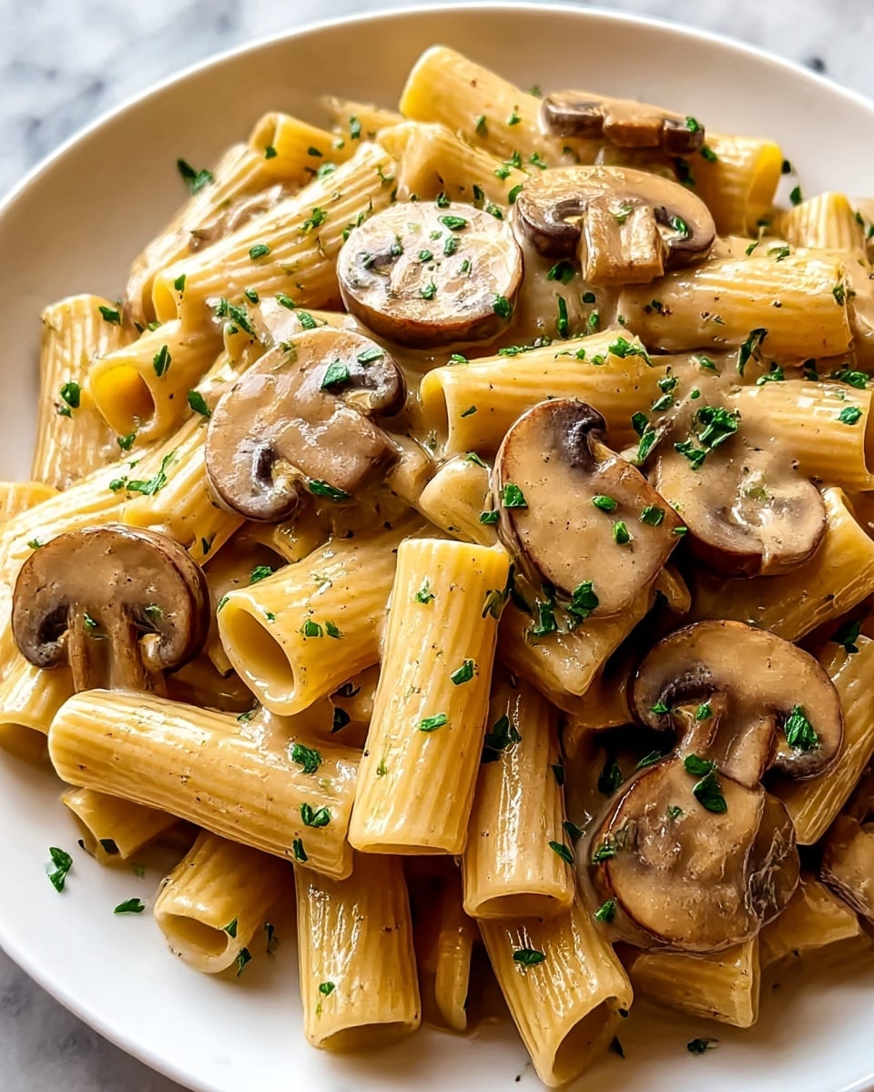 A close-up view of a white plate filled with rigatoni pasta, covered in a light creamy mushroom sauce. The rigatoni are light golden with some scattered black pepper specks. Sliced sautéed mushrooms with a slightly browned sear are layered on top of and mixed with the pasta, adding dark brown and beige tones. The dish is sprinkled with finely chopped fresh green parsley all over, giving a fresh look. The background surface is a white marbled texture. photo taken with an iphone --ar 4:5 --v 7