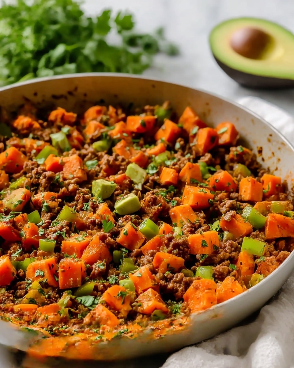 A white pan filled with a cooked mix of ground beef, orange sweet potato cubes, and small green pepper pieces, all sprinkled with fresh green herbs. The beef is crumbled and browned, creating a textured, rich brown layer mixed evenly with the bright orange sweet potato and green pepper bits. The pan rests on a white marbled surface, with fresh green cilantro and a halved avocado placed in the background, adding a fresh touch to the scene. A white cloth is partly visible near the pan. photo taken with an iphone --ar 4:5 --v 7