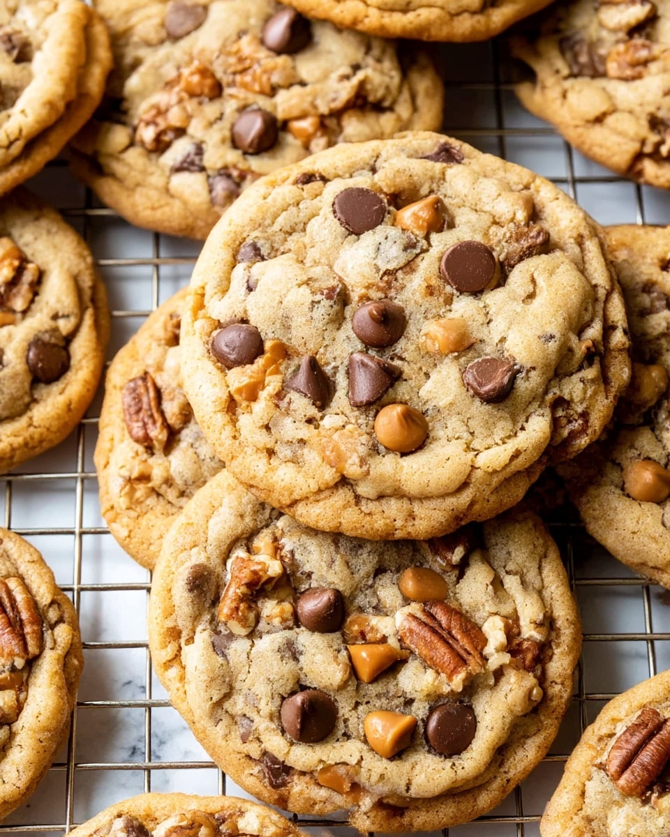 A close-up view of several freshly baked cookies stacked and spread on a metal cooling rack over a white marbled surface. The cookies are golden brown with a soft, slightly cracked texture, topped with visible layers of melted chocolate chips, light brown caramel bits, and darker brown pecan nut pieces, scattered unevenly but richly over the top surface. The cookies are round with a slightly raised edge and a slightly rough texture from the nuts and chips embedded in them. Some loose chocolate chips and nuts are scattered around the rack, adding to the cozy, fresh-baked look. photo taken with an iphone --ar 4:5 --v 7
