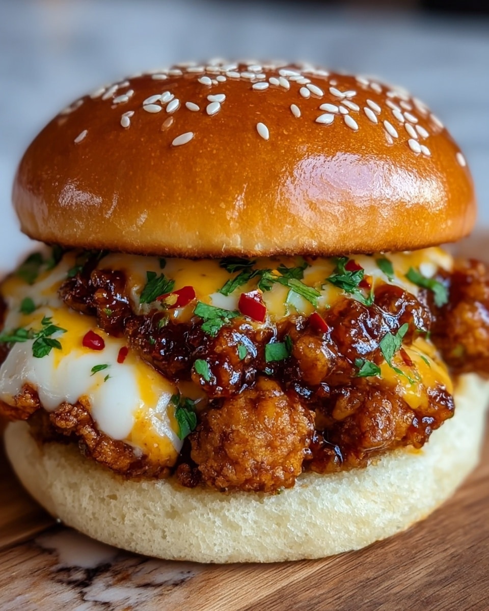 The image shows a close-up of a sandwich with three main layers. The bottom layer is a soft, light-colored bread bun with a slightly rough texture. On top of it sits a thick layer of dark brown, crispy fried chicken pieces coated with a shiny glaze. Above the chicken is a creamy white sauce with patches of melted yellow cheese and small red chili flakes sprinkled over it. Tiny green herb pieces are scattered on top of the sauce adding color contrast. The sandwich is finished with a shiny golden-brown sesame seed bun on top, featuring visible sesame seeds. The sandwich rests on a surface with a white marbled texture. photo taken with an iphone --ar 4:5 --v 7