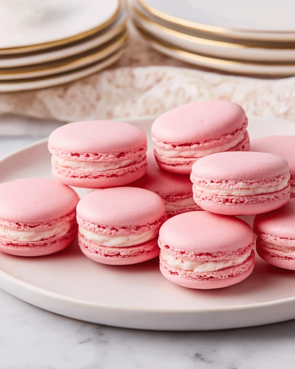 The image shows a white oval plate filled with pale pink macarons. Each macaron has two smooth, round shells with a slightly bumpy texture on top, sandwiching a thick layer of lighter pink cream filling in the middle. The macarons are evenly spaced and neatly arranged on the plate, which sits on a white marbled surface. A few more plates are stacked and slightly visible in the background. photo taken with an iphone --ar 4:5 --v 7
