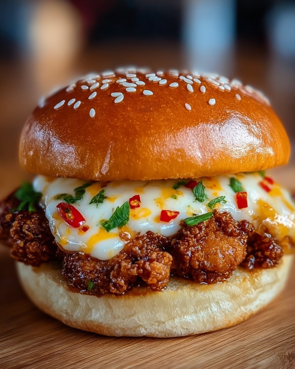 A close-up view of a fried chicken sandwich featuring three main layers inside a glossy, toasted sesame seed bun. The bottom layer is a soft, pale beige bread bun. On top of that, there is a crispy, textured fried chicken piece, coated in a glossy, dark golden brown sauce that adds a sticky shine. Above the chicken, there is a creamy layer of white and orange melted cheese mixed with small red chili flakes and finely chopped green herbs. The top bun is golden brown with visible sesame seeds scattered across its shiny surface. The sandwich sits on a wooden board against a blurred background with warm lighting. photo taken with an iphone --ar 4:5 --v 7