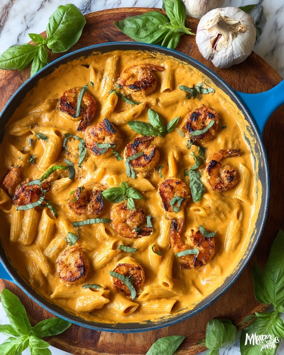A blue pot filled with a creamy orange sauce pasta dish with penne noodles mixed throughout. On top, there are eight grilled shrimp with a slightly charred look and a golden brown color. Thinly sliced green basil leaves are scattered across the pasta, adding a fresh touch. The pot sits on a wood surface with fresh green basil leaves around it and garlic cloves nearby. The sauce looks thick and smooth, coating each pasta piece evenly. Photo taken with an iphone --ar 4:5 --v 7