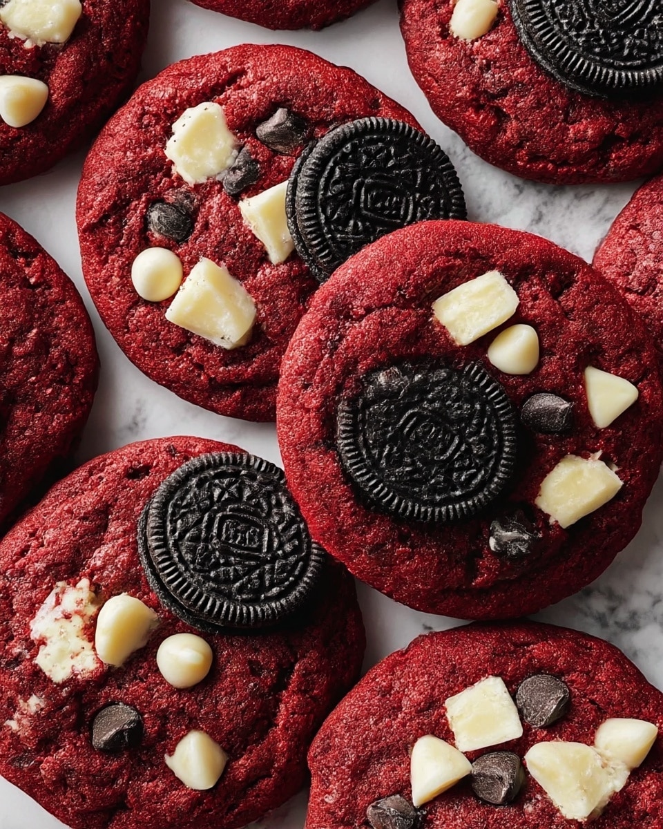 The image shows a close-up of several red velvet cookies arranged closely together on a white marbled texture. Each cookie has a deep red, slightly cracked surface, with chunks of white cream cheese and dark chocolate chips spread across the top. Some of the cookies are decorated with a whole black sandwich cookie pressed into the center. The contrast between the red cookie, white cream cheese, and dark chocolate pieces gives a rich, textured look. Photo taken with an iphone --ar 4:5 --v 7