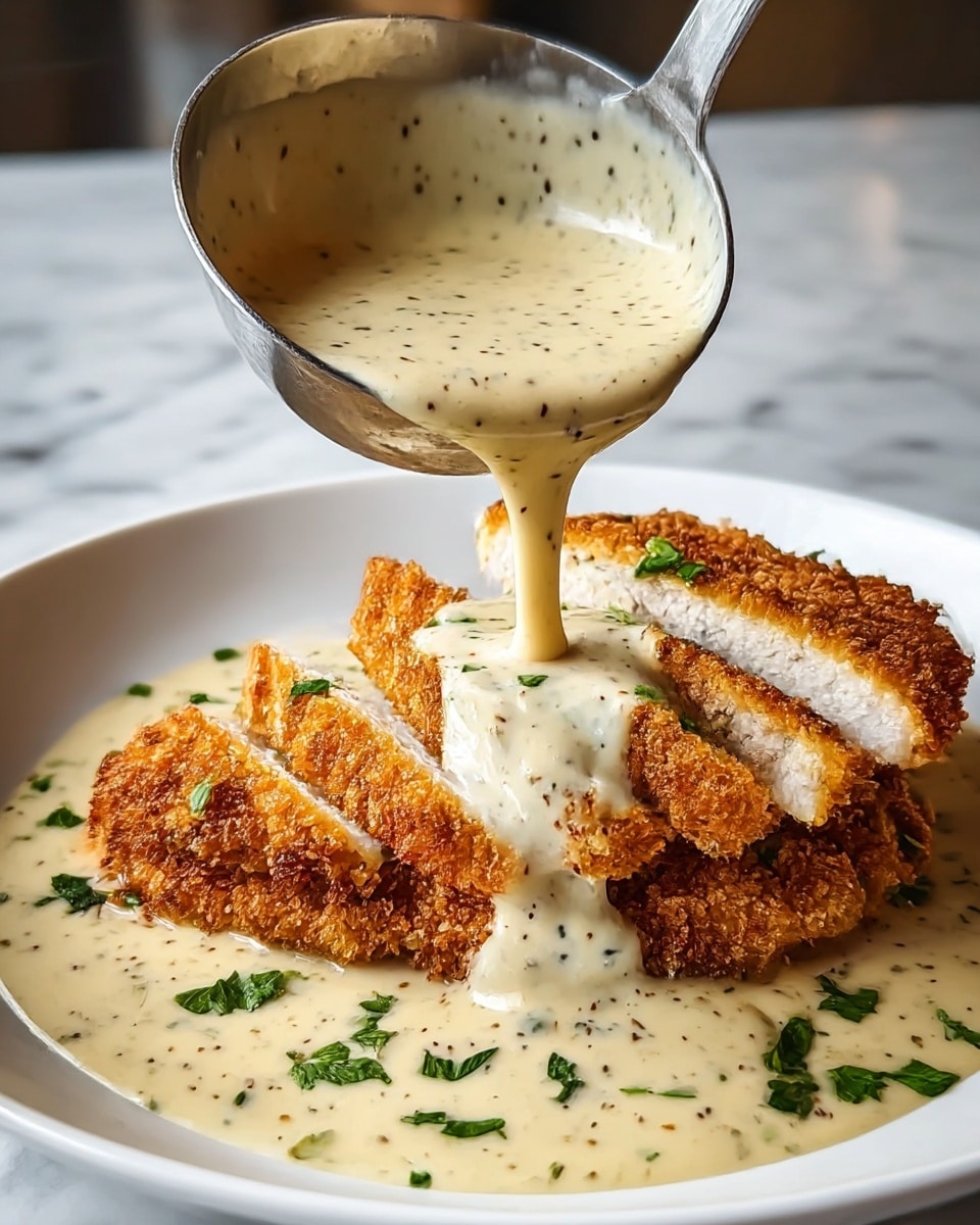 A white plate holds a piece of golden brown breaded chicken sliced into even strips, showing the white tender meat inside. A creamy white sauce with black pepper and tiny green herb bits is being poured from a ladle, flowing smoothly over the chicken and pooling on the plate beneath. Fresh chopped green herbs are scattered on top of the chicken and sauce, adding bright color and freshness. The background is a white marbled texture. photo taken with an iphone --ar 4:5 --v 7