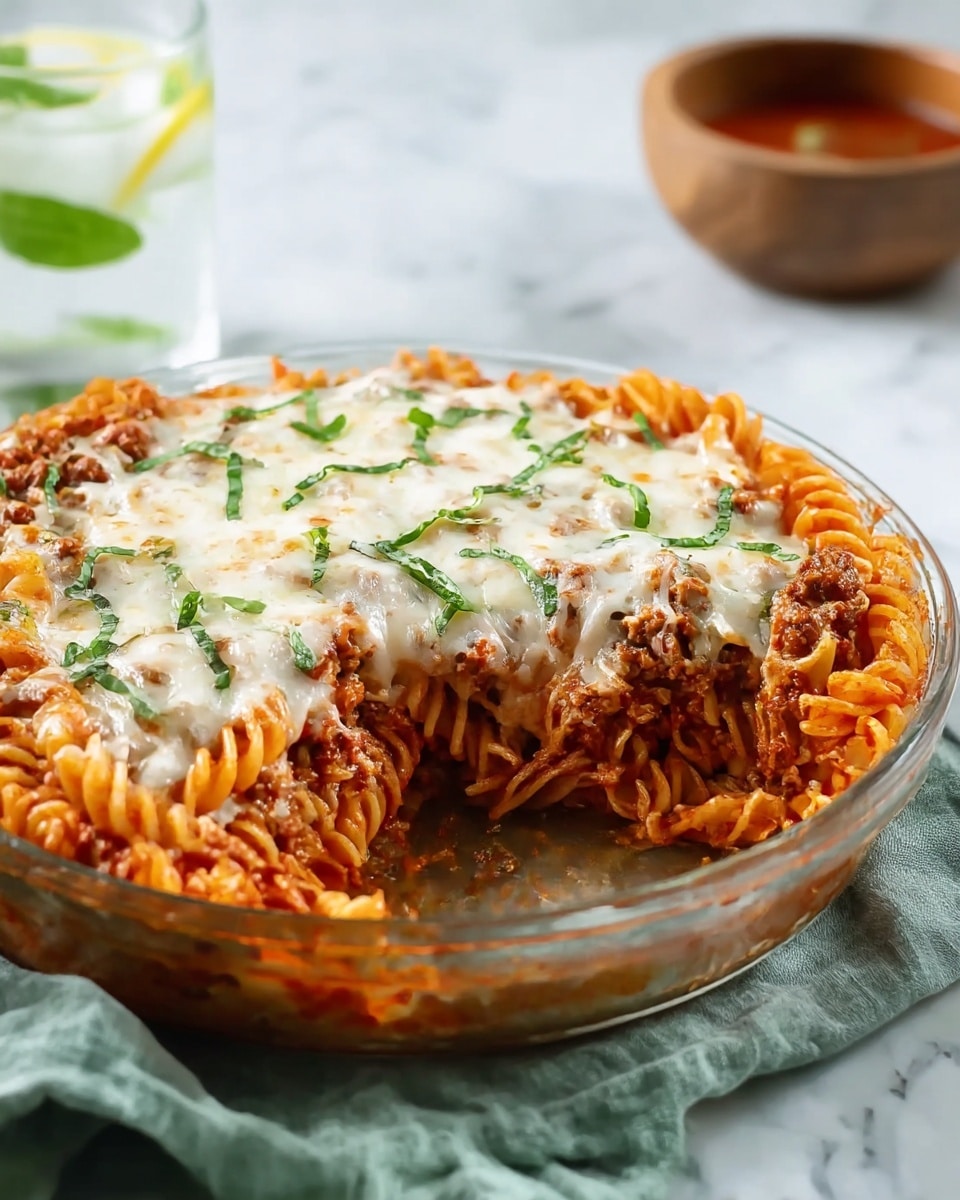 The image shows a clear glass round baking dish filled with baked rotini pasta layered with a red tomato sauce mixed with browned ground meat, topped with melted white cheese that has some browned spots and shredded green basil leaves scattered on top. A section is missing, revealing the orange pasta spirals underneath the sauce and cheese, with a textured surface from the meat and sauce mix visible in the cut. The dish sits on a pale green cloth with a white marbled background, and in the blurred background, there is a wooden bowl of creamy dip and a glass of water with lemon slices and green leaves. photo taken with an iphone --ar 4:5 --v 7